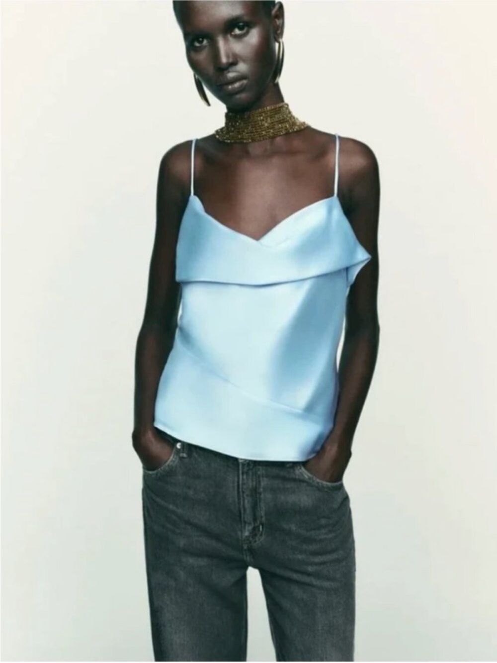 Zara Light Blue Satin Spaghetti Strap Camisole Top - Women